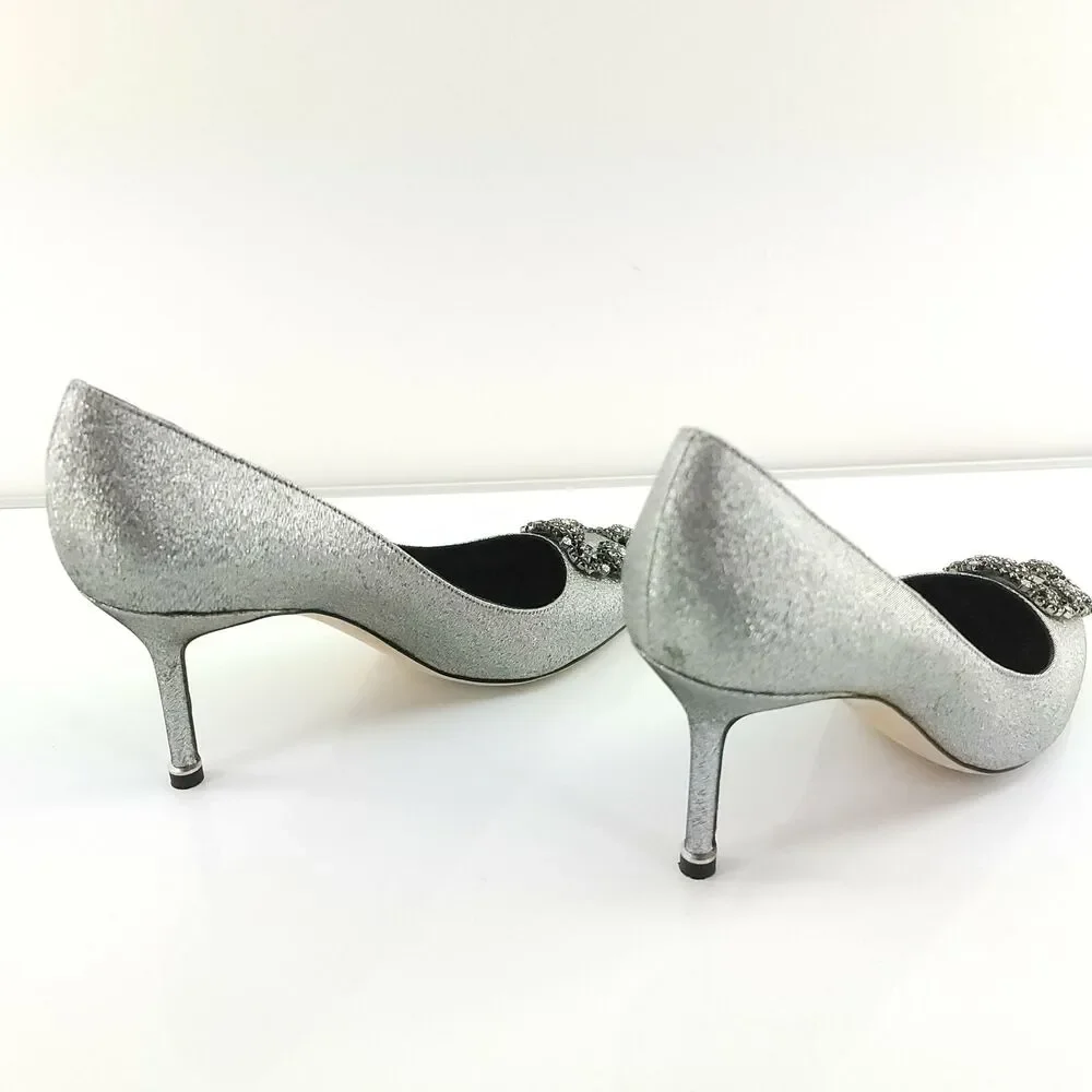 Manolo Blahnik Metallic Silver Hangisi 80 mm Notturno SZ 38 Pointy Glitter $1085